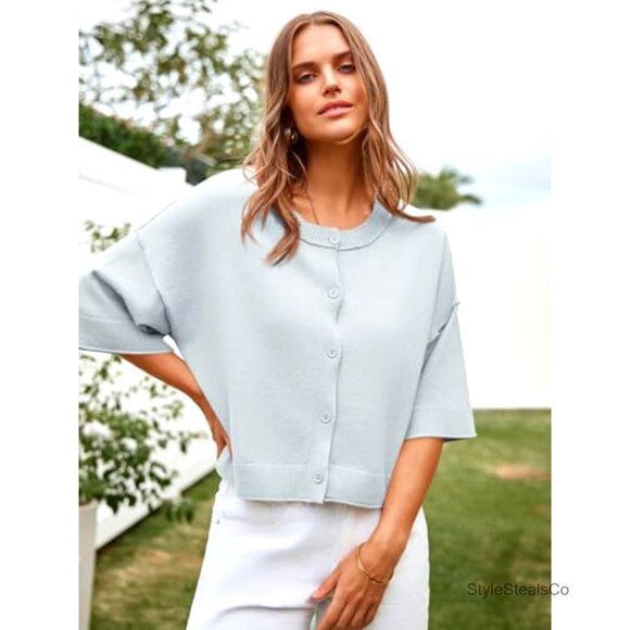 Cropped Ribbed Cardigan Sweater, Lightweight Oversized Fit, Half Sleeve Button - Picture 5 of 7